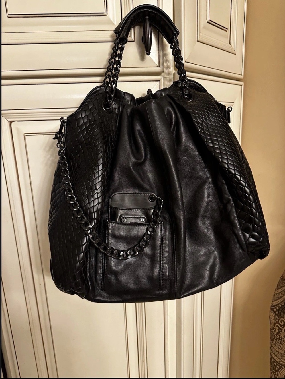 Classic Black Quilted-Accent Shoulder Bag with Chain Handles